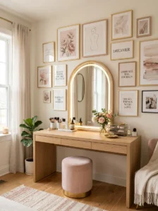 Beauty room decorated with elegant framed artwork and personal wall decor.