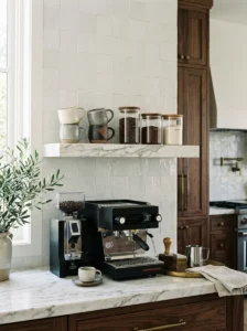 Marble floating shelf adding luxury to a kitchen.