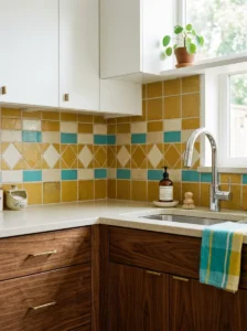 Geometric tile backsplash in a mid-century modern kitchen.