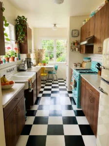 Black and white checkerboard floor in a retro kitchen.