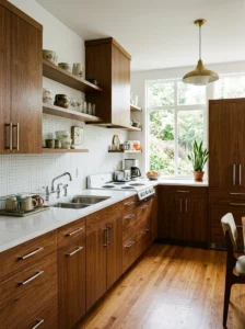 Walnut flat-panel cabinetry in a mid-century modern kitchen.