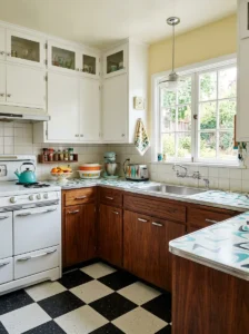 Two-tone walnut and white kitchen cabinets.