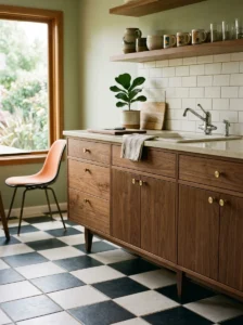 Mid-century cabinets with classic tapered wooden legs.