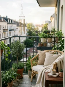 Textured outdoor throw pillows adding comfort and style to a small balcony chair.