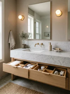 Decluttered bathroom counter with minimalist spa-inspired decor