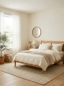 Warm white bedroom with ivory bedding and light natural wood furniture.