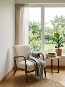 Minimalist reading nook with a statement chair and books.