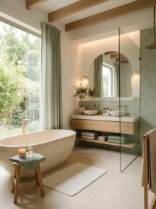Neutral color palette used throughout a calm spa-inspired bathroom