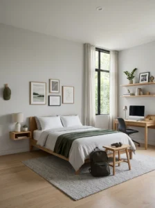 Minimalist teenage boy bedroom with simple personalized decor
