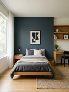 Teen bedroom with layered desk lighting and ambient string lights