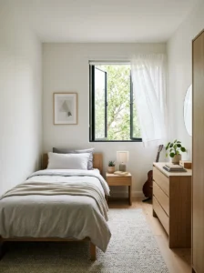 Calm and comfortable teenage bedroom with a clean uncluttered design