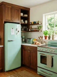 Retro mint refrigerator in a mid-century kitchen.
