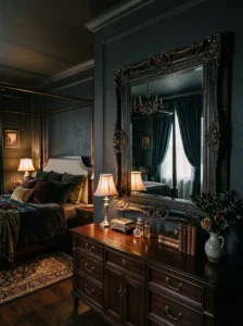Ornate mirror adding elegance to a bedroom.