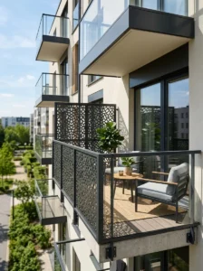 Geometric perforated metal balcony railing for privacy