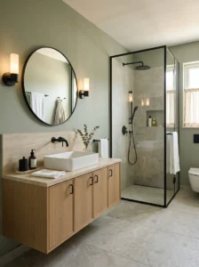 Coordinated matte black bathroom fixtures in a modern spa space
