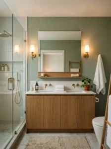 Warm lighting and wall sconces creating a relaxing spa bathroom atmosphere