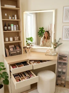 Flexible beauty room with modular storage and adjustable vanity organization.