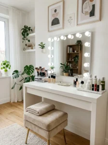 Beauty room vanity with daylight-balanced lighting for accurate makeup application.