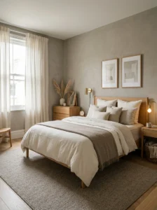 Warm gray bedroom with cream bedding and natural oak furniture.