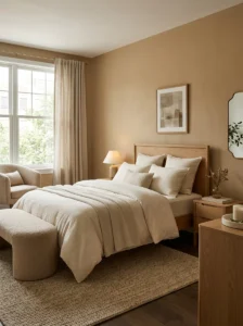 Warm camel bedroom with neutral bedding and natural wood accents.