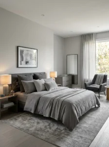 Layered shades of grey create depth in a modern bedroom