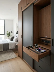 Slatted wood wardrobe doors.