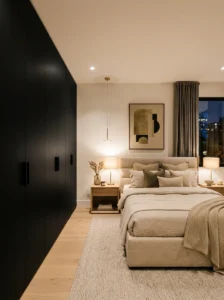 Matte black closet doors in a modern bedroom