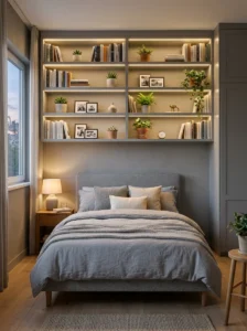 Grey bedroom with matching built-in shelving and décor
