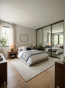 Mirrored sliding closet doors in a modern bedroom