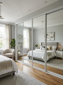 Full-height sliding door wardrobe in a modern bedroom.