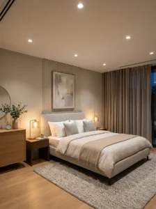 Modern bedroom with recessed ceiling lighting