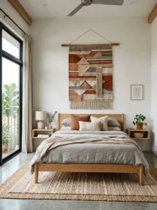 Large tapestry softening a minimalist modern bedroom