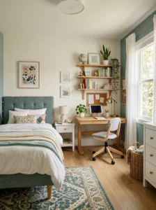 Girls bedroom with adjustable desk and timeless furniture designed to grow with her.