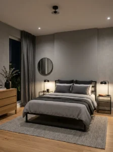 Modern grey bedroom with matte black metal accents