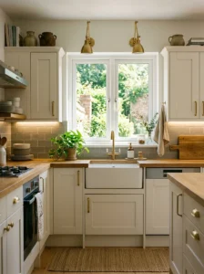 Kitchen window paired with under-cabinet lighting for layered illumination.