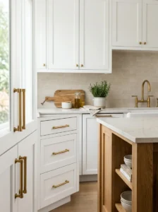 White kitchen cabinets updated with modern warm brass hardware.