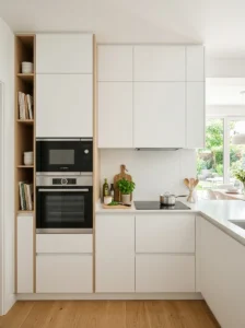 Small kitchen with vertically stacked appliances to save space