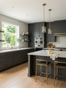 Charcoal gray kitchen cabinets with light countertops