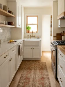Neutral runner rug placed in front of a kitchen sink.