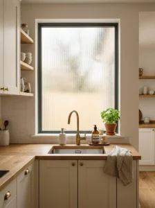 Frosted glass kitchen window providing privacy while diffusing natural light.