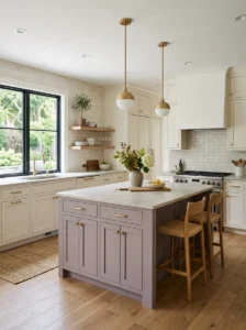 Soft lavender kitchen island with warm white cabinets