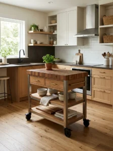 Small kitchen with a mobile island on locking casters