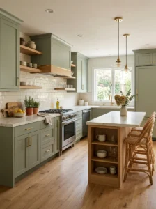 Warm sage green kitchen cabinets with brass hardware