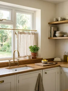 Natural linen café curtain refreshing a bright kitchen window.