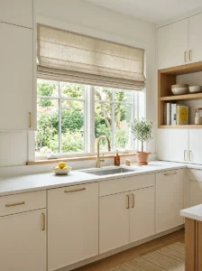 Modern kitchen window with a simple natural linen Roman shade.