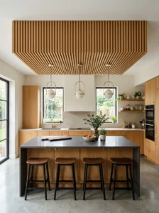 Wood slat ceiling detail above a modern kitchen island