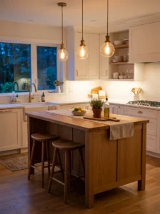 Kitchen glowing with warm-toned lighting for a cozy evening atmosphere.