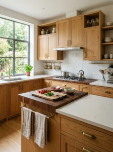 Kitchen with warm wood ceiling beams matching the cabinetry