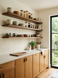 Open walnut shelving displaying dishes in a warm wood kitchen