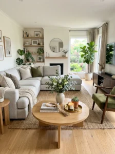 Updated living room with stylish modern tables.